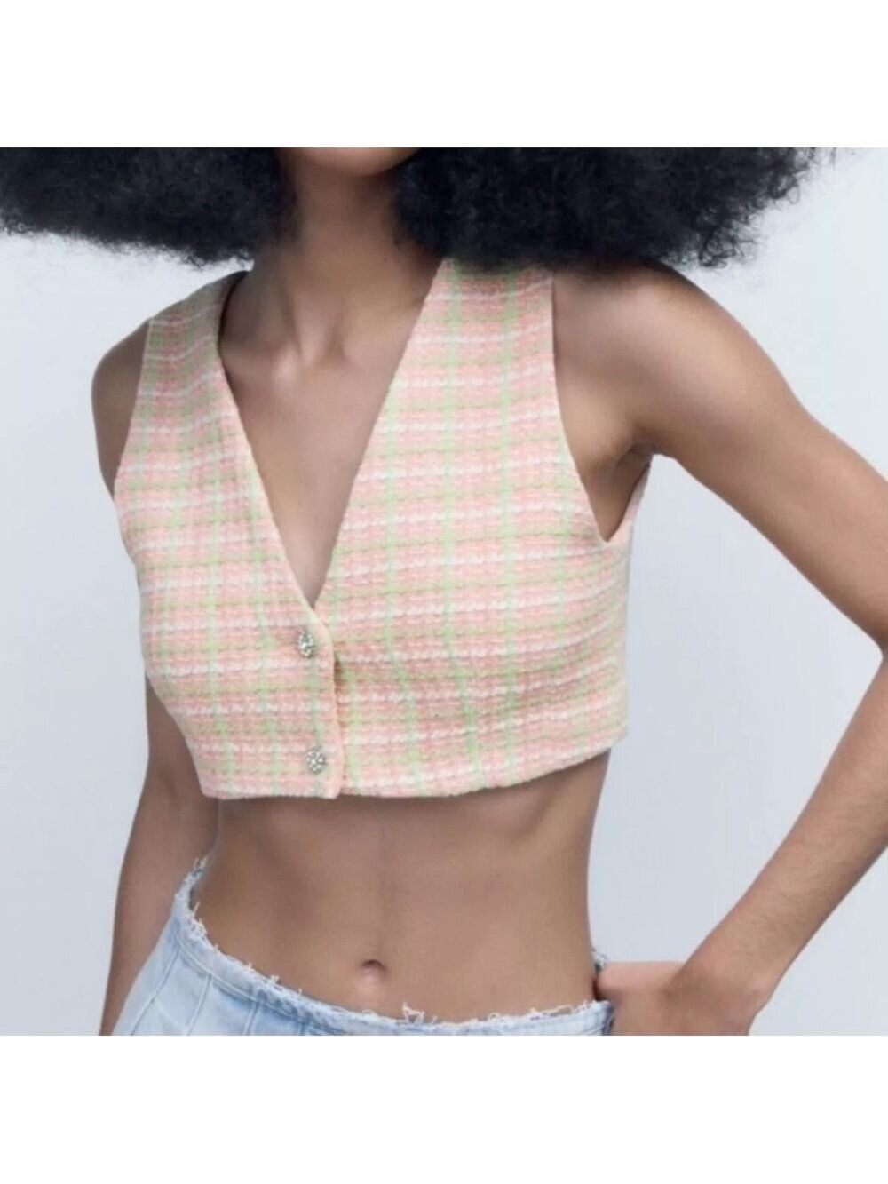 Zara Pink & Green Tweed V Neck V Back Rhinestone Buttons Cropped Vest Sz XXL